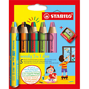 STABILO Etui carton x 5 crayons multi-talents STABILO woody 3 in 1 duo + 1 taille-crayon