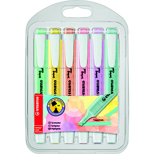 STABILO Evidenziatore a fusto piatto Swing Cool™, Punta a scalpello, Spessore del tratto 1-4 mm, Colori pastello assortiti (confezione 6 pezzi)