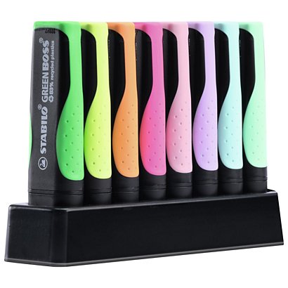 STABILO GREEN BOSS Pastel Desk-Set, 8 Evidenziatori Ecosostenibili, Colori assortiti (4 Neon + 4 Pastel) - 1