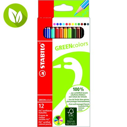 STABILO Greencolors Lápices de colores, cuerpo hexagonal, 12 lápices, mina de 2,5 mm, colores surtidos