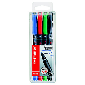 STABILO Marcatore permanente OHPen universal, Punta tonda, 0,4 mm (super fine), Colori Assortiti (confezione 4 pezzi)