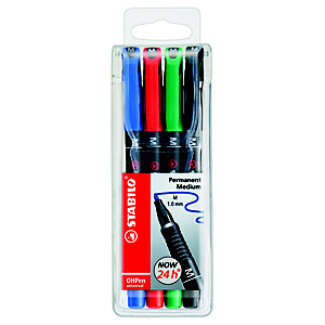 STABILO Marcatore permanente OHPen universal, Punta tonda, 1 mm (medio), Colori Assortiti (confezione 4 pezzi)