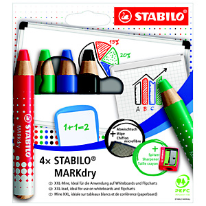 STABILO MARKdry Lápiz de color para pizarra blanca, marcador, estuche con 4 colores + sacapuntas + paño de limpieza STABILO MARKdry Lápiz de color para pizarra blanca, marcador, estuche con 4 colores + sacapuntas + paño de limpieza