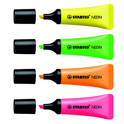 STABILO Neon Rotulador fluorescente, punta biselada, 2 mm-5 mm, Amarillo, Rosa, Verde y Naranja - 1