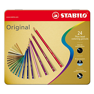 STABILO Original Lápices de colores, cuerpo hexagonal, 24 lápices, caja de metal, mina de 2,5 mm, colores de minas variados