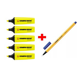STABILO Pack Ahorro 5 Marcadores fluorescentes Boss Original punta biselada 2-5 mm Amarillo +  1 Rotulador Point 88® punta fina 0,4 mm Azul GRATIS