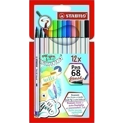 STABILO Pen 68 Brush Rotulador de fibra, Punta de pincel, caja de cartón de 12 rotuladores, colores surtidos