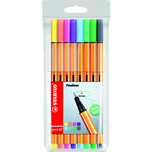 STABILO Point 88® Rotulador fineliner, punta fina de 0,4 mm, cuerpo naranja de polipropileno, estuche de 8 rotuladores, colores surtidos