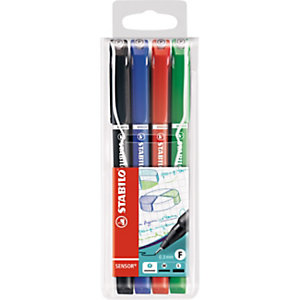 STABILO Sensor®, stylo-feutre, pointe extra fine, corps aux couleurs assorties, encre aux couleurs assorties : Noir, bleu, rouge, vert