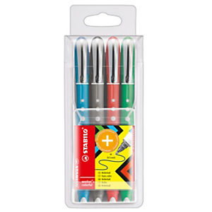 STABILO Stylo roller, Eye, pointe moyenne (0,5 mm), corps en polypropylène dans des coloris assortis, couleurs d'encre assorties : noir, bleu, vert, rouge