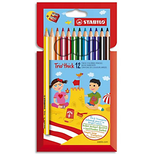 STABILO Trio crayon de couleur mine large - Etui carton de 12 crayons + taille-crayon - Coloris assortis