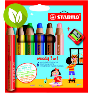STABILO Woody 3 en 1 Lápices de colores, Lápiz de color, cera y acuarela, todo en uno, Mina XXL 1 mm, Cuerpo redondo, 6 lapices, colores surtidos + sacapuntas