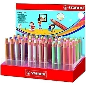 STABILO Woody 3 en 1 Lápices de colores, Lápiz de color, cera y acuarela, todo en uno, Mina XXL 10 mm, PEFC, cuerpo redondo, expositor de 48 lapices, colores surtidos pastel