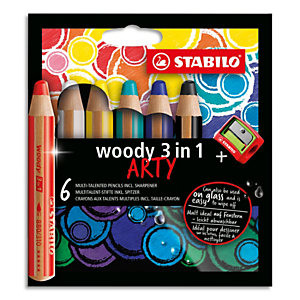 STABILO woody 3in1 ARTY crayon de couleur - Etui carton de 6 crayons + taille-crayon - Coloris assortis