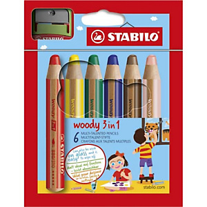 STABILO woody 3in1 crayon de couleur - Etui carton de 6 crayons multi-surfaces - Coloris assortis