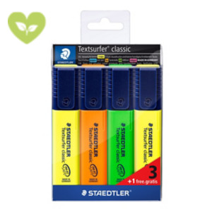 STAEDTLER 3 Evidenziatori Textsurfer® classic, Punta a scalpello, Tratto 1 - 5 mm, Colori Assortiti + 1 in omaggio STAEDTLER 3 Evidenziatori Textsurfer® classic, Punta a scalpello, Tratto 1 - 5 mm, Colori Assortiti + 1 in omaggio