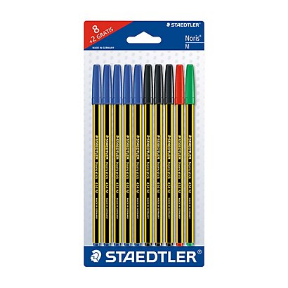 STAEDTLER 8 Penne a sfera Noris Stick 434, Punta media, Tratto da 0,5 mm, Fusto nero e giallo, Colori Assortiti + 2 in omaggio