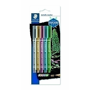 STAEDTLER 8323 Metallic Marcador tinta opaca no permanente, blister de 5, colores surtidos, oro, plata, rojo, azul y verde STAEDTLER 8323 Metallic Marcador tinta opaca no permanente, blister de 5, colores surtidos, oro, plata, rojo, azul y verde