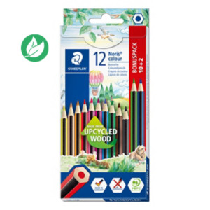 Staedtler Noris 185 Crayon de couleur hexagonal en bois upcyclé coloris assortis - Etui en carton de 10 + 2 offerts