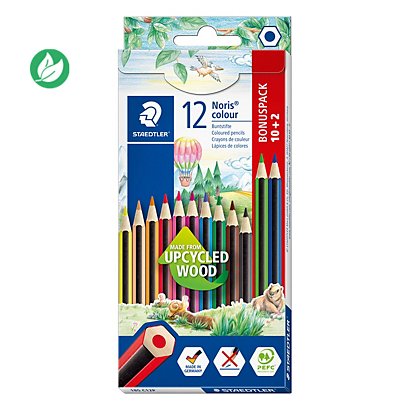Staedtler Noris 185 Crayon de couleur hexagonal en bois upcyclé coloris assortis - Etui en carton de 10 + 2 offerts
