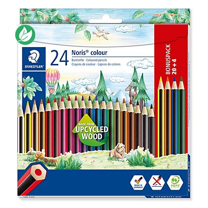 Staedtler Noris 185 Crayon de couleur hexagonal en bois upcyclé coloris assortis - Etui en carton de 20 + 4 offerts
