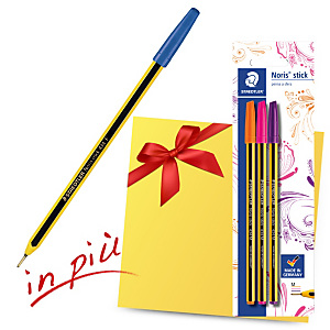 Staedtler Offerta 20 penne a sfera Noris Stick 434, Punta fine, Fusto nero e giallo, Inchiostro blu + 3 penne a sfera Noris Stick punta media nei colori violetto, magenta e arancio comprese nel prezzo