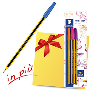 Staedtler Offerta 20 penne a sfera Noris Stick 434, Punta media, Fusto nero e giallo, Inchiostro blu + 3 penne a sfera Noris Stick punta media nei colori violetto, magenta e arancio comprese nel prezzo Staedtler Offerta 20 penne a sfera Noris Stick 434, Punta media, Fusto nero e giallo, Inchiostro blu + 3 penne a sfera Noris Stick punta media nei colori violetto, magenta e arancio comprese nel prezzo
