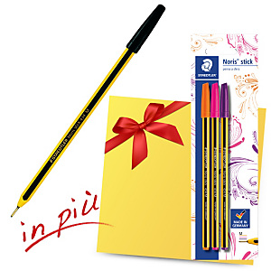 Staedtler Offerta 20 penne a sfera Noris Stick 434, Punta media, Fusto nero e giallo, Inchiostro nero + 3 penne a sfera Noris Stick punta media nei colori violetto, magenta e arancio comprese nel prezzo