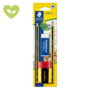 STAEDTLER Study Set: 2 Matite HB + 1 Gomma bianca Mars® Plastic + Temperamatite Noris a 1 foro con serbatoio, Giallo/Rosso/Nero STAEDTLER Study Set: 2 Matite HB + 1 Gomma bianca Mars® Plastic + Temperamatite Noris a 1 foro con serbatoio, Giallo/Rosso/Nero