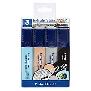 Staedtler Textsurfer® Classic Pastel & Vintage Marcador de cuerpo plano, punta biselada, ancho de línea de 1-5 mm, 4 colores pastel surtidos Staedtler Textsurfer® Classic Pastel & Vintage Marcador de cuerpo plano, punta biselada, ancho de línea de 1-5 mm, 4 colores pastel surtidos