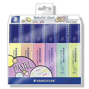Staedtler Textsurfer® Classic Pastel & Vintage Marcador de cuerpo plano, punta biselada, ancho de línea de 1-5 mm, 6 colores pastel surtidos Staedtler Textsurfer® Classic Pastel & Vintage Marcador de cuerpo plano, punta biselada, ancho de línea de 1-5 mm, 6 colores pastel surtidos