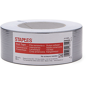 Staples Cinta americana, multiusos, 50 mm x 50 m, reforzada, plata Staples Cinta americana, multiusos, 50 mm x 50 m, reforzada, plata
