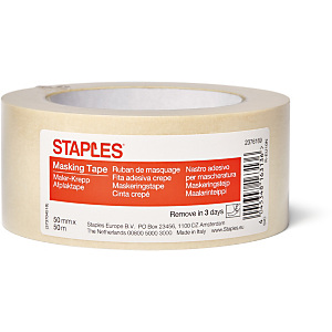 Staples Cinta de enmascarar, 50 mm x 50 m, papel crepé, crema Staples Cinta de enmascarar, 50 mm x 50 m, papel crepé, crema