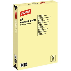 Staples Coloured Paper Papel de Colores para Faxes, Fotocopiadoras, Impresoras Láser e Impresoras de Inyección de Tinta Amarillo Pastel A3 80 g/m² Staples Coloured Paper Papel de Colores para Faxes, Fotocopiadoras, Impresoras Láser e Impresoras de Inyección de Tinta Amarillo Pastel A3 80 g/m²