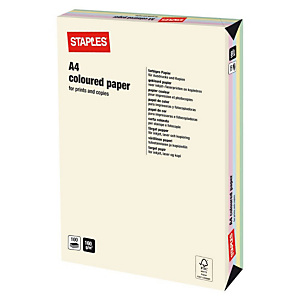 Staples Coloured Paper Papel de Colores para Faxes, Fotocopiadoras, Impresoras Láser e Impresoras de Inyección de Tinta Colores Surtidos Pastel A4 160 g/m² Staples Coloured Paper Papel de Colores para Faxes, Fotocopiadoras, Impresoras Láser e Impresoras de Inyección de Tinta Colores Surtidos Pastel A4 160 g/m²