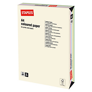 Staples Coloured Paper Papel de Colores para Faxes, Fotocopiadoras, Impresoras Láser e Impresoras de Inyección de Tinta Surtido Pastel A4 80 g/m² 500 hojas Staples Coloured Paper Papel de Colores para Faxes, Fotocopiadoras, Impresoras Láser e Impresoras de Inyección de Tinta Surtido Pastel A4 80 g/m² 500 hojas