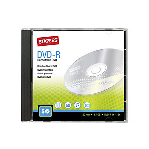 Staples Discos DVD-R vírgenes de 4,7 GB / 120 min, 16 X de velocidad Paquete de 5 unidades con carcasa protectora