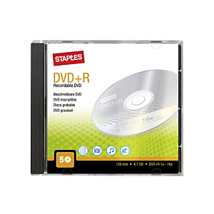 Staples Discos DVD+R vírgenes de 4,7 GB / 120 min, 16 X de velocidad Paquete de 5 unidades con carcasa protectora Staples Discos DVD+R vírgenes de 4,7 GB / 120 min, 16 X de velocidad Paquete de 5 unidades con carcasa protectora