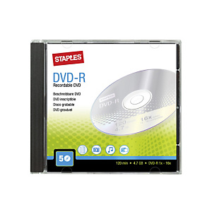 Staples Discos DVD-R vírgenes de 4,7 GB / 120 min, 16 X de velocidad Paquete de 5 unidades con carcasa protectora Staples Discos DVD-R vírgenes de 4,7 GB / 120 min, 16 X de velocidad Paquete de 5 unidades con carcasa protectora