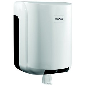 Staples Dispensador de rollos de papel grandes con salida central de plástico ABS blanco con bloqueo de 310 x 220 x 220 mm Staples Dispensador de rollos de papel grandes con salida central de plástico ABS blanco con bloqueo de 310 x 220 x 220 mm