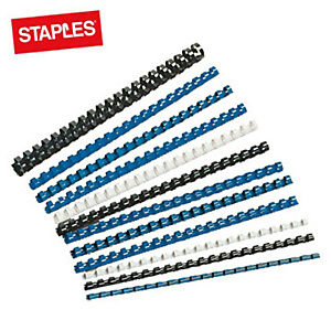 Staples Dorsi plastici a 21 fori - Diametro 6 mm - Capacità 20 fogli - Colore blu (confezione 100 pezzi) Staples Dorsi plastici a 21 fori - Diametro 6 mm - Capacità 20 fogli - Colore blu (confezione 100 pezzi)