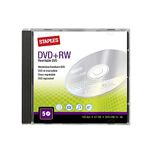 Staples DVD+RW vírgenes regrabables de 4,7 GB / 120 min, 4 X de velocidad Paquete de 5 unidades con carcasa protectora Staples DVD+RW vírgenes regrabables de 4,7 GB / 120 min, 4 X de velocidad Paquete de 5 unidades con carcasa protectora