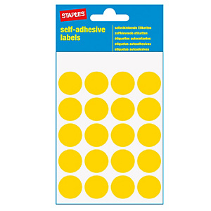 Staples Etichette autoadesive, Rotonde, 19 mm, 20 etichette per foglio, Giallo (confezione da 5 fogli) Staples Etichette autoadesive, Rotonde, 19 mm, 20 etichette per foglio, Giallo (confezione da 5 fogli)