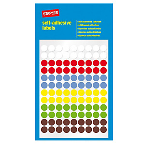 Staples Etichette autoadesive, Rotonde, 8 mm, 18 etichette per foglio, 6 colori assortiti (confezione da 6 fogli) Staples Etichette autoadesive, Rotonde, 8 mm, 18 etichette per foglio, 6 colori assortiti (confezione da 6 fogli)