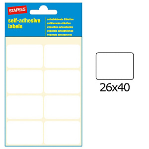 Staples Etiquetas autoadhesivas, 26 mm x 40 mm, 8 etiquetas por hoja, blancas Staples Etiquetas autoadhesivas, 26 mm x 40 mm, 8 etiquetas por hoja, blancas