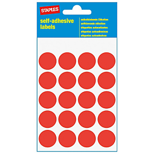 Staples Etiquetas autoadhesivas, redondas, 19 mm, 20 etiquetas por hoja, rojo Staples Etiquetas autoadhesivas, redondas, 19 mm, 20 etiquetas por hoja, rojo