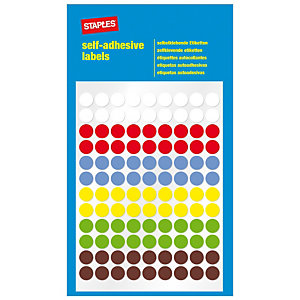 Staples Etiquetas autoadhesivas, redondas, 8 mm, 108 etiquetas por hoja, 6 colores variados