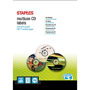 Staples Etiquetas de CD permanentes, 117 mm de diámetro, 2 etiquetas por hoja, blancas Staples Etiquetas de CD permanentes, 117 mm de diámetro, 2 etiquetas por hoja, blancas