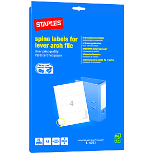 Staples Etiquetas lomeras autoadhesivas permanentes, 190 x 61 mm, 25 hojas, 4 etiquetas por hoja A4, blanco Staples Etiquetas lomeras autoadhesivas permanentes, 190 x 61 mm, 25 hojas, 4 etiquetas por hoja A4, blanco