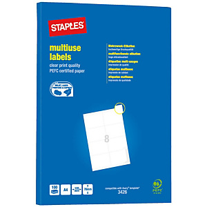 Staples Etiquetas multiuso, 105 mm x 70 mm, 8 etiquetas por hoja, blancas Staples Etiquetas multiuso, 105 mm x 70 mm, 8 etiquetas por hoja, blancas
